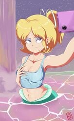 1girls arokham belly_button blonde_female blonde_hair blue_eyes breast_grab breasts cellphone cleavage clothing crop_top earrings eyeshadow female female_only lori_loud mermaid midriff navel phone ponytail selfie shirt smile solo solo_female solo_focus straight_hair tank_top the_loud_house water waterfall