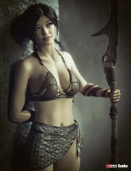 1girls 3d asian asian_female bra daz_studio female female_only leather_bra original rauko_(artist) sarong solo spear weapon