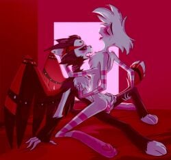 2boys 4_arms anal anal_penetration anal_sex angel_dust_(hazbin_hotel) anthro artist_request bed bedroom blush femboy furry gay gay_sex hazbin_hotel husk_(hazbin_hotel) indoors male male/male male_only penis red_background sex source_request tongue tongue_out wings yaoi