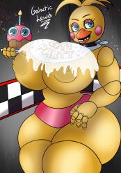 animatronic beak bib big_ass big_breasts blue_eyes checkered_background cum cum_on_breasts cumshot cupcake cupcake_(fnaf) five_nights_at_freddy's fnaf galacticlewd hand_on_hip hourglass_figure huge_ass huge_breasts jizz massive_ass massive_breasts pink_panties round_breasts solo sperm thick_thighs toy_chica_(fnaf) yellow_body