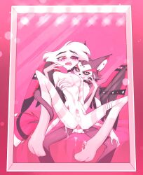 4_arms anal anal_sex angel_dust_(hazbin_hotel) artist_request bed black_sclera collar cum femboy furry gay gay_sex hazbin_hotel husk_(hazbin_hotel) indoors mirror mirror_reflection sex sharp_teeth source_request wings yaoi