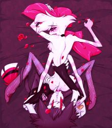 4_arms anal anal_penetration anal_sex angel_dust_(hazbin_hotel) anthro artist_request ass bed bedroom black_sclera blush cat cat_humanoid feline feline_humanoid femboy furry gay gay_sex hazbin_hotel humanoid husk_(hazbin_hotel) indoors penis rose rose_(flower) rose_petals sex sharp_teeth source_request tie twink yaoi