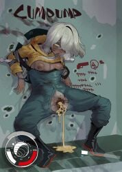 absurdres blue_overalls breasts breasts_out clitoris_piercing clothes_lift commentary_request cum cum_in_pussy cumdrip cumdump dark-skinned_female dark_skin dilation_tape ebonyxh eylin_eyla_(ebonyxh) female female_pubic_hair highres hood hoodie hoodie_lift nipple_bar nipple_piercing nipples open_overalls original overalls pierced_clitoris piercing pubic_hair public_use restrained rolling_eyes short_hair small_breasts solo spread_legs starfield tally tape uncensored white_hair yellow_cum yellow_eyes yellow_hoodie