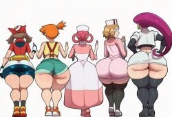 ai_generated ass_chart ass_comparison ass_hanging_out ass_hanging_out_of_shorts ass_hanging_out_of_skirt big_ass booty_shorts jessie_(pokemon) kasumi_(pokemon) may_(pokemon) misty_(pokemon) nurse_cap nurse_joy nurse_uniform pencil_skirt pokemon ponytail serena_(pokemon) short_shorts shorts skirt take_your_pick white_background