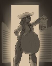 1girls 2024 belly clariarikari clothed clothed_female cowboy_boots cowboy_hat exposed_belly holster holstered_weapon hyper hyper_belly monochrome original_character prey_outline prey_shaped_bulge saloon same_size_vore sheriff sheriff_badge standing_in_doorway vore vore_belly wanted_poster wild_west