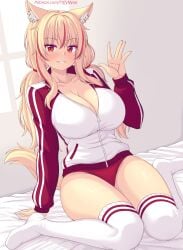 1girls animal_ear_fluff blonde_hair blush breasts buruma cat_ears catgirl cleavage fang jacket large_breasts long_hair looking_at_viewer multicolored_hair nottytiffy red_buruma red_eyes red_hair red_highlights smile solo symbol-shaped_pupils tail thighhighs thighs tiffy tiffynyaa track_suit twintails wariza waving waving_hand white_thighhighs