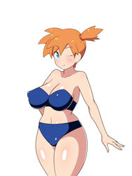 1girls alternate_breast_size big_breasts bikini blue_bikini blush dd_(artist) female female_only green_eyes human kasumi_(pokemon) large_breasts misty_(pokemon) misty_(pokemon_rgby) nintendo nipples orange_hair pokemon solo swimsuit