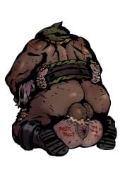 1boy absurdres anus bandaged_foot bandages body_writing brigand_(darkest_dungeon) cum cum_overflow cumdump dark-skinned_female dark-skinned_male dark_skin darkest_dungeon ebonyxh eylin_eyla_(ebonyxh) female highres mating_press original rape sex simple_background straight tally testicles vaginal_penetration white_background