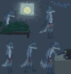 2023 animal_genitalia animal_penis anthro barefoot bed bedding beverage blanket blue_body blue_fur boxers_(clothing) boxers_only briefs briefs_only bulge canid canine canine_genitalia canine_penis canis casual_erection casual_exposure closed_eyes clothed clothing coffee coffee_machine container coydog cup demensa ears_down ears_up emil_(demensa) erection erection_under_clothing feet fluffy fluffy_tail fur furniture fuzzy genitals gloves_(marking) grey_background grey_briefs grey_clothing grey_underwear hi_res hybrid leg_markings light male mammal markings morning_wood open_mouth pantsless penis penis_poking_out pink_penis pivoted_ears pointy_ears prick_ears sequence side_view simple_background smile socks_(marking) solo standing sun sunlight tail tired tired_eyes topless under_covers underbelly underwear underwear_only waking_up walking yawn