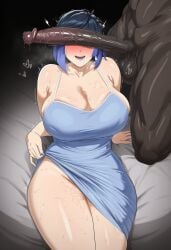 1boy 1girls ai_generated areolae areolae_visible_through_clothing big_breasts big_penis blue_hair breasts dark-skinned_male dark_skin genshin_impact gigantic_penis huge_breasts huge_cock imminent_oral imminent_sex interracial inviting_to_oral light-skinned_female light_skin lipstick meti935 penis_awe penis_on_face thick thick_ass thick_legs thick_penis thick_thighs thighs veiny_penis wet_pussy yelan_(genshin_impact)