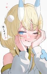 absurdres bare_shoulders blonde_hair blue_eyes blue_horns braid check_translation commentary_request cum cum_on_body detached_sleeves facial female hair_ornament hair_over_shoulder half-closed_eyes heart highres hisasuzu horns japanese_clothes kadou_mikaru lightning_bolt_hair_ornament lightning_bolt_symbol long_sleeves low_twin_braids multicolored_horns nijisanji one_eye_closed parted_lips pom_pom_(clothes) pom_pom_hair_ornament saliva simple_background solo translation_request twin_braids two-tone_horns upper_body virtual_youtuber white_background white_horns white_sleeves
