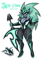 big_breasts big_sword big_weapon black_and_green black_clothing blank_eyes blue_skin crown gameboyred gijinka gloved_hands green_clothing green_eyes grey_clothing jet_star kirby_(series) kirby_air_riders long_boots long_gloves long_green_hair long_hair reference_image spiky_hair sword thick_thighs weapon white_eyes