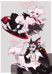 2boys 4_arms angel_dust_(hazbin_hotel) anthro artist_name artist_request artist_signature ass black_sclera blush brat breasts breasts_on_head couch daddy daddy_kink dialogue english_text fangs femboy furry gay gay_sex grey_background hazbin_hotel husk_(hazbin_hotel) male male/male male_only male_with_breasts sharp_teeth signature simple_background sitting source_request spanking speech_bubble suit tail text tie twink wings yaoi