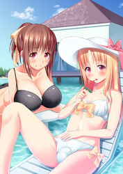 1futa 1girls background beach_chair big_breasts bikini blonde_hair blush brown_eyes brown_hair bulge detailed_background eyebrows_visible_through_hair female futa_with_female futanari hair_ribbon hat house ice_cream lake long_hair looking_at_viewer nukunuku_(hinataboltuko) open_mouth original original_character sitting sky small_breasts smile swimsuit water watermelon white_skin