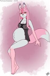 absurd_res anthro babydoll belly big_belly brand_new_animal breasts canid canine clothed clothing digital_media_(artwork) drxii female fox fur hi_res lingerie looking_at_viewer mammal nazuna_hiwatashi nightgown nipples panties pink_body pink_fur pink_hair pregnant pregnant_anthro pregnant_female simple_background smile solo studio_trigger tail translucent translucent_clothing underwear white_body white_fur