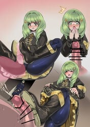 1girls 2boys black_footwear black_legwear blue_legwear blush bootjob boots censored cum ejaculation female fire_emblem fire_emblem:_three_houses flayn_(fire_emblem) footjob full_body garreg_mach_monastery_uniform green_eyes green_hair hair_ornament highres indoors kouji_(kari) long_hair long_sleeves multiple_boys nabatean_(fire_emblem) open_mouth pantyhose penis precum seteth_(fire_emblem) shoe_soles shoejob skirt skirt_lift smile stepped_on surprised thigh_boots thighhighs uniform