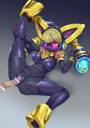 1boy 1girls android animal_ears anus ass bar_censor black_breasts black_skin blush breasts cat_ears censored dia-stage disembodied_penis earrings erect_nipples female gradient gradient_background grey_background gyaru half-closed_eyes heart heart_earrings heterochromia hybrid jewelry leg_up looking_away medabots medarot nipples no_mouth no_nose penetration penis pink_eye pochincoff pointless_censoring purple_anus purple_eye purple_nipples purple_pussy pussy pussy_juice robot robot_girl sex spread_legs testicles transparent_penis vaginal_penetration