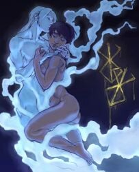 1boy 1boy1girl 1girls abs arm_around_neck arm_around_partner berserk black_background blonde_hair breasts brown_hair casca closed_eyes color completely_nude ghost gradient_background gyodragon highres holding_hands judeau_(berserk) kissing_head lighting long_hair muscular muscular_male nipples romantic romantic_couple short_hair sideass straight wholesome