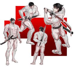 ass bara black_hair bodysuit full_body garter_straps glasgow_smile katana kengan_(series) kengan_ashura leotard male male_only mask mouth_mask multiple_poses multiple_scenes muscular muscular_male orosciokkk pale-skinned_male pale_skin revealing_clothes solo standing stitched_mouth stitches sword takayama_minoru tied_hair