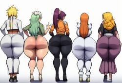 5girls ai_generated ass ass_chart ass_focus big_ass big_breasts bleach bleach:_the_thousand-year_blood_war blonde_female blonde_hair breasts dark-skinned_female female female_only from_behind green_hair huge_ass huge_breasts inoue_orihime light-skinned_female long_hair matsumoto_rangiku multiple_girls nelliel_tu_odelschwanck orange_hair purple_hair shihouin_yoruichi take_your_pick tia_harribel white_background