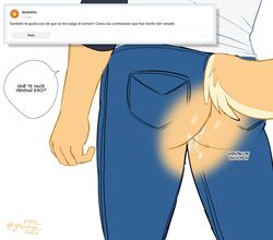 after_sex anthro ask_blog bodily_fluids bottomwear canid canine canis check_translation clothed clothing cum cum_in_ass cum_inside domestic_dog genital_fluids hi_res jeans male male_only mammal pants solo spanish_text text translation_request x-ray yuguni yuguni_(character)