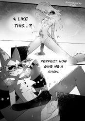 2boys 4_arms angel_dust_(hazbin_hotel) anthro artist_request balls barbed barbed_penis black_sclera cat cat_humanoid comic dialogue dildo dildo_in_ass english_text feline feline_humanoid femboy furry gay_male gay_sex glasses hazbin_hotel humanoid husk_(hazbin_hotel) male male/male male_only masturbation monochrome penis riding_dildo sex_toy sexting source_request text twink video_call wings yaoi