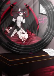 abs anal anal_sex angel_dust_(hazbin_hotel) anthro artist_request bedroom cum fangs femboy fur furry gay gay_sex hazbin_hotel husk_(hazbin_hotel) indoors mirror mirror_reflection muscular muscular_anthro muscular_male sex sharp_teeth size_difference source_request twink wings yaoi