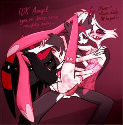 2boys 4_arms anal anal_fingering anal_sex angel_dust_(hazbin_hotel) anthro artist_request barbed_penis blush cat cat_humanoid crossdressing daddy daddy_kink dialogue dress english_text feline feline_humanoid femboy fingering furry gay gay_sex hazbin_hotel humanoid husk_(hazbin_hotel) male male/male male_only penis sex sharp_teeth sitting source_request spanking text wings yaoi