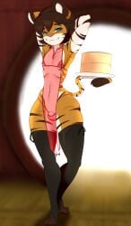 2022 absurd_res anthro areola bedroom_eyes biped black_clothing black_legwear black_thigh_highs blue_eyes blurred_background brown_body brown_fur brown_hair bulge clothed clothed_anthro clothed_male clothing colored crossdressing detailed_background eyes_mostly_closed feet felid femboy flaccid front_view full-length_portrait fur genitals hair halterneck hands_behind_head hi_res holding_plate lace legwear looking_at_viewer male mammal markings multicolored_body multicolored_fur narrowed_eyes navel nipples orange_body orange_fur pantherine panties paraepa pelvic_curtain penis pinup plate portrait pose red_clothing red_panties red_underwear seductive shaded short_hair skimpy small_waist smile solo standing striped_markings stripes tail thick_thighs thigh_highs tiger toes translucent translucent_clothing underwear white_body white_fur wide_hips