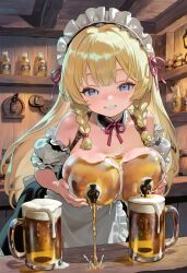 ai_generated alcohol alden_theron_(artist) apron bare_shoulders beer beer_mug beverage big_breasts blonde_hair blue_eyes blush bottle braid breast_grab breasts cleavage clothing cup detached_collar detached_sleeves dress drink female frilled_apron frills grabbing_own_breast grin groping hair_ornament hair_ribbon headdress headwear high_resolution highres hires huge_breasts indoors lactating_in_glass lactating_into_cup lactation large_breasts leaning_forward long_hair looking_at_viewer maid maid_apron maid_headdress mug pink_ribbon pouring ribbon smile solo tied_hair tray twin_braids uniform unusual_anatomy unusual_bodily_fluids unusual_lactation unusual_nipples waist_apron what white_apron