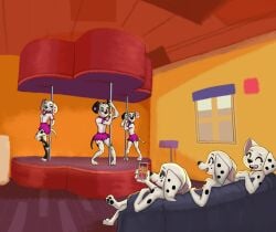101_dalmatian_street 101_dalmatians 2023 2boys 3_toes 4girls adolescent anthro anthro_female anthro_focus anthro_male anthro_only anthrofied anthropomorphic biped black_body black_eyes black_fur black_nose black_pawpads black_spots blush blushing bottomwear brothers canid canine canis cellphone closed_eyes clothed clothed_female clothed_male clothes clothing collar commission commission_art crossdressing crossing_legs dallas_(101_dalmatians) dalmatian dancing dawkins_(101_dalmatians) deja_vu_(101_dalmatians) destiny_(101_dalmatians) detailed_background diacordst diamond_(symbol) digital_media_(artwork) digitigrade disney dog_collar dolly_(101_dalmatians) domestic_canine domestic_dog dylan_(101_dalmatians) eyeshadow feet female female_anthro female_canine female_dog fingers floppy_ears fur group hands heart_symbol hi_res high_resolution highres hindpaw holding_phone inside large_ears makeup male male_anthro male_canine male_dog mammal markings miniskirt open_mouth open_smile pawpads paws phone pink_bottomwear pink_clothing pink_skirt pink_spots pole pole_dancing pose posing recording recording_on_phone recording_video school_uniform siblings sisters sitting skirt smile smiling spots spotted_body spotted_fur stage stripper_pole tail toes triple_d_(101_dalmatians) triplets white_body white_fur young