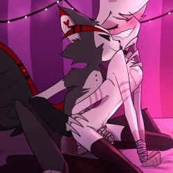 2boys anal anal_sex angel_dust_(hazbin_hotel) anthro artist_request bedroom black_sclera blush cat chastity_cage closed_eyes femboy furry gay gay_sex hazbin_hotel husk_(hazbin_hotel) indoors source_request thighhighs tied_arms tied_hands twink wings yaoi yellow_eyes