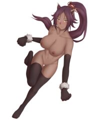 1girls animal_ears bleach breasts cat_ears dark-skinned_female dark_skin elbow_gloves eyes_visible_through_hair feet female female_only gloves long_hair looking_at_viewer nipples one_leg_raised paw_gloves paws ponytail purple_hair sarhce shihouin_yoruichi smile solo stockings tied_hair vagina wide_hips yellow_eyes