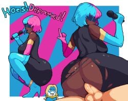 anal anal_sex baldur_89 big_ass big_balls big_penis black_body blonde_blazer blue_hair colored_hair cowgirl_position dark-skinned_female dark_skin dispatch_(game) female interracial latex leather looking_at_viewer looking_back microphone penile_penetration penis penis_between_ass penis_in_ass pink_hair pixel_(artwork) pixel_art prism_(dispatch) ripped_clothing robert_robertson singing squatting sunglasses tinted_eyewear visor white_body