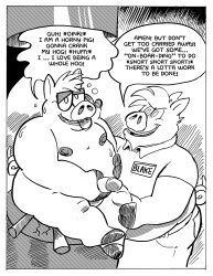 after_transformation anthro aroused billy_fore black_and_white bodily_fluids border comic dialogue domestic_pig duo english_text eyewear genitals glasses hi_res male mammal masturbation monochrome nipples overweight overweight_male penis pig suid suine sus_(pig) sweat text wearing_glasses white_border
