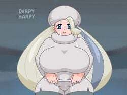 1girls alternate_breast_size animated blonde_hair blue_eyes bouncing_breasts breasts breasts_out chubby cleavage derpyharpy erect_nipples eye_contact hair_over_one_eye half-closed_eyes hat huge_breasts human human_only large_breasts long_hair looking_at_viewer melony_(pokemon) milf mother nintendo nipples no_sound pokemon pokemon_ss sagging_breasts shirt_lift solo text thick_thighs video watermark wide_hips