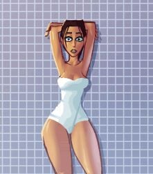 1girls 2d animated arms_above_head arms_up bangs bare_legs bathroom big_breasts bikini blinking blur_censor breasts brown_eyes bubble_censorship bubbles censored covered_nipples covered_pussy disappearing_clothes enfmak female female_only gif hi_res hourglass_figure lara_croft lara_croft_(classic) layered_clothing looking_at_viewer looking_down nipple_pasties pasties simple_background skinny slim_waist standing swimsuit tanned tanned_female teasing teeth tile_wall tiles tomb_raider tomb_raider_(classic) towel undressing