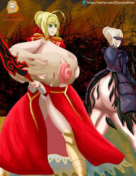 armor artoria_pendragon artoria_pendragon_(alter) big_nipples blonde_hair bubble_ass bubble_butt el_pintor_jarocho fate/extra fate/extra_ccc fate/stay_night fate_(series) fight fighting green_eyes huge_ass huge_breasts huge_butt hyper hyper_ass hyper_breasts nero_claudius_(fate) sword tagme white_hair