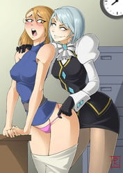 2girls adrian_andrews artist_signature blonde_hair blunt_katana blush blushing breasts brown_eyes clothed clothed_female earrings eyebrows_visible_through_hair female female_only franziska_von_karma gyakuten_saiban hand_on_shoulder karuma_mei looking_at_partner mole_(marking) mole_under_eye nipples_visible_through_clothing office open_mouth panties panty_pull pink_panties signature silver_eyes silver_hair smirk stockings yuri