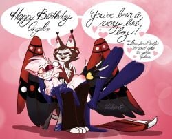 angel_dust_(hazbin_hotel) anthro artist_name artist_request artist_signature ass birthday black_sclera blush cat cat_humanoid clothed collar crossdressing dialogue dress english_text feline feline_humanoid femboy furry gay happy hazbin_hotel heterochromia husk_(hazbin_hotel) male male/male male_only pink_background signature simple_background sitting smile source_request spanking speech_bubble tail text wings yaoi yellow_sclera