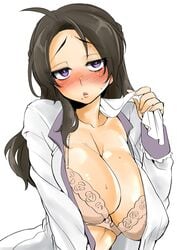 1girls akiomi_aiko axis_powers_hetalia big_breasts black_hair blush bra cleavage clothed clothes clothing collarbone dress_shirt half-closed_eyes lace lace-trimmed_bra lingerie lips looking_at_viewer nyo!austria nyotalia open_eyes open_mouth open_shirt purple_eyes solo solo_female solo_focus white_background