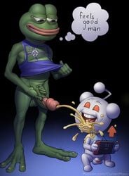 2boys 3_toes 4chan amphibian anthro balls bodily_fluids bottomless clothed clothing crossover cursedmayo dialogue drinking drinking_urine duo feet frog genital_fluids genitals glans green_balls green_penis half-closed_eyes happy highres humanoid humanoid_genitalia humanoid_penis lips machine male male/male male_only meme nightmare_fuel nintendo nintendo_switch peeing penis penis_grab penis_size_difference pepe_the_frog pink_glans plantigrade reddit robot shirt shirt_grab shirt_lift shirt_up simple_background sitting snoo speech_bubble standing tank_top teeth text toes tongue topwear urination urine urine_in_mouth urine_on_another video_games watersports what white_balls white_penis