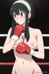 ai_generated big_breasts black_hair bleeding blood_drip boxing boxing_gloves boxing_ring breasts earrings exhibitionism headband injured injury lv99slime naked naked_female nipples nude nude_female spy_x_family thorn_princess yor_briar yor_forger