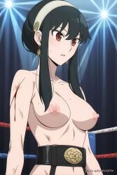 ai_generated big_breasts black_hair bleeding blood_drip boxing boxing_gloves boxing_ring breasts championship_belt cuts earrings exhibitionism headband injured injury lv99slime naked naked_female nipples nude nude_female spy_x_family thorn_princess yor_briar yor_forger