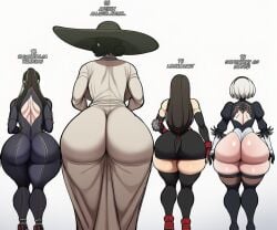 4girls ai_generated ai_text alcina_dimitrescu ass ass_chart bayonetta bayonetta_(character) big_ass breasts capcom female female_only final_fantasy final_fantasy_vii huge_ass huge_breasts light-skinned_female multiple_girls nier:_automata resident_evil resident_evil_8:_village sega square_enix take_your_pick tifa_lockhart white_background yorha_2b