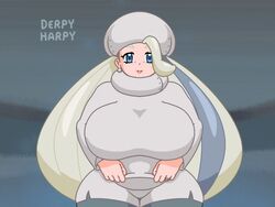 1girls alternate_breast_size blonde_hair blue_eyes chubby cleavage derpyharpy eye_contact hair_over_one_eye half-closed_eyes hat huge_breasts human_only long_hair looking_at_viewer melony_(pokemon) milf mother nintendo nipples pokemon pokemon_ss solo text thick_thighs watermark wide_hips