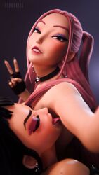 2girls armpits bare_shoulders black_hair cerbskies choker duo female fingerless_gloves kpop_demon_hunters lesbian licking licking_armpit long_hair mira_(kpop_demon_hunters) peace_sign pink_hair yuri zoey_(kpop_demon_hunters)