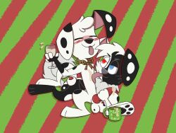 101_dalmatian_street 101_dalmatians :3 alcohol animal_genitalia balls beverage black_body black_fur black_nose blue_eyes blush bodily_fluids bow_ribbon canid canine canis chest_lick closed_eyes clothing container cum cup dalmatian dipstick_tail disney domestic_dog drew_dalmatian_(slightlyarousedguy) drinking_glass drunk duo eggnog erection fan_character feral fur generation_7_pokemon genital_fluids genitals glass glass_container glass_cup gloves_(marking) grey_body grey_fur grey_nose hair head_tuft heterochromia hi_res holding_object humor hybrid looking_at_another male male/male mammal markings masturbation multicolored_body multicolored_fur nintendo pattern_background pattern_clothing pawpads paws penis pokemon pokemon_(species) red_eyes rockruff shaded signature simple_background slightlyarousedguy spots spotted_body substance_intoxication tail tail_markings text tongue tuft white_body white_fur wine_glass