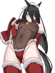 1girls ahoge animal_ears ass_visible_through_thighs bell bikini black_hair blush breasts cape capelet christmas closed_mouth covered_navel detached_sleeves earrings fur-trimmed_bikini fur-trimmed_thighhighs fur_trim hair_between_eyes holding holding_unworn_cape holding_unworn_clothes horse_ears horse_girl horse_tail jewelry lengkuass leotard long_bangs long_hair looking_at_viewer looking_down manhattan_cafe_(umamusume) multicolored_hair red_bikini red_capelet red_sleeves red_thighhighs santa_bikini santa_costume see-through_clothes see-through_leotard simple_background single_earring small_breasts smile solo swimsuit tail thighhighs umamusume unworn_cape very_long_hair white_background white_hair yellow_eyes