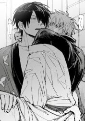 2boys blush breath cling clinging gay gintama gintoki_sakata hair_over_one_eye implied_sex kimono male male_only monochrome no_visible_genitalia sakurana sweat takasugi_shinsuke yaoi